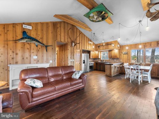 Dining room, Interior, Kitchen, Pendant Lights, Stainless Steel Appliances, Wooden Beams, Wood Texture Flooring, Wooden Walls