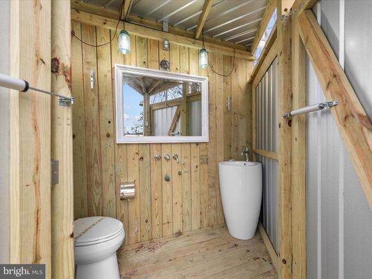 Bathroom, Interior, Pendant Lights, Wood Texture Flooring, Wooden Walls