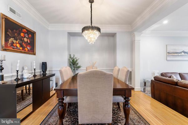 Chandelier, Dining room, Interior, Recessed Lighting, Wood Texture Flooring