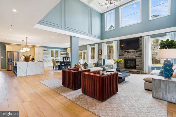 Dining room, Fireplace, Interior, Kitchen, Living room, Pendant Lights, Recessed Lighting, Wood Texture Flooring