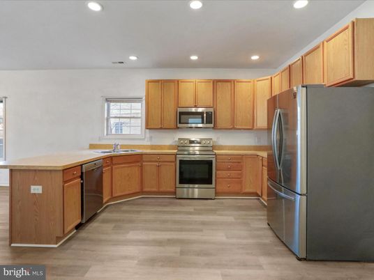 Interior, Kitchen, Recessed Lighting, Stainless Steel Appliances, Wood Texture Flooring