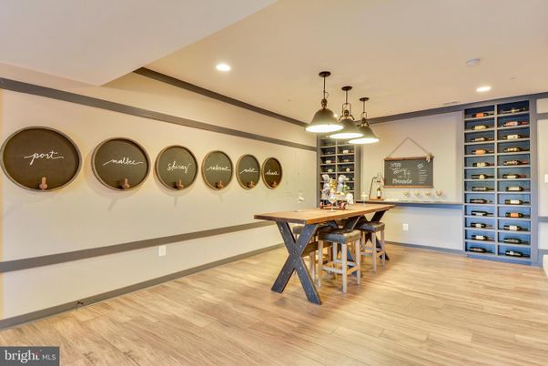 Interior, Pendant Lights, Recessed Lighting, Wine Storage, Wood Texture Flooring