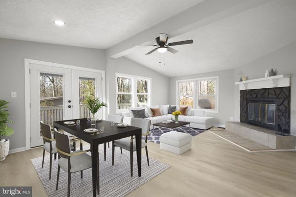 Dining room, Fireplace, Interior, Living room, Recessed Lighting, Wood Texture Flooring