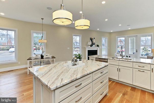Dining room, Fireplace, Interior, Kitchen, Pendant Lights, Recessed Lighting, Wood Texture Flooring