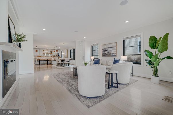 Dining room, Fireplace, Interior, Kitchen, Living room, Pendant Lights, Recessed Lighting, Wood Texture Flooring