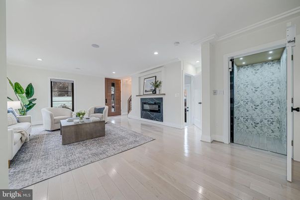 Fireplace, Interior, Living room, Recessed Lighting, Wood Texture Flooring