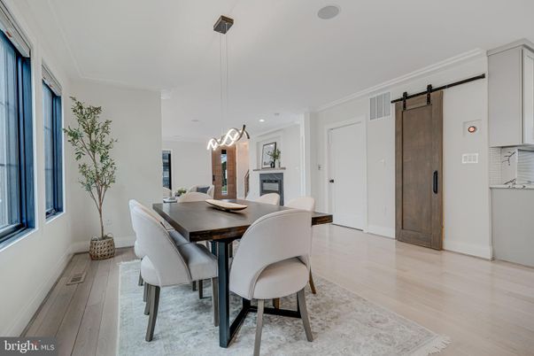 Dining room, Interior, Pendant Lights, Recessed Lighting, Wood Texture Flooring