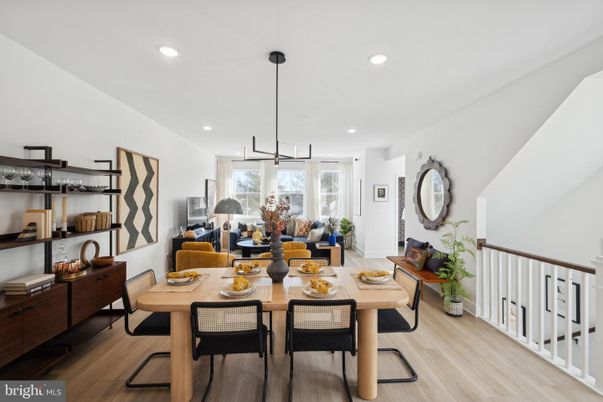 Dining room, Interior, Pendant Lights, Recessed Lighting, Wood Texture Flooring