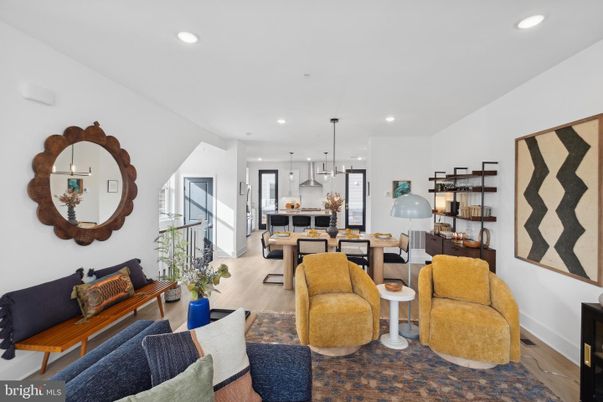 Dining room, Interior, Kitchen, Living room, Pendant Lights, Recessed Lighting, Wood Texture Flooring
