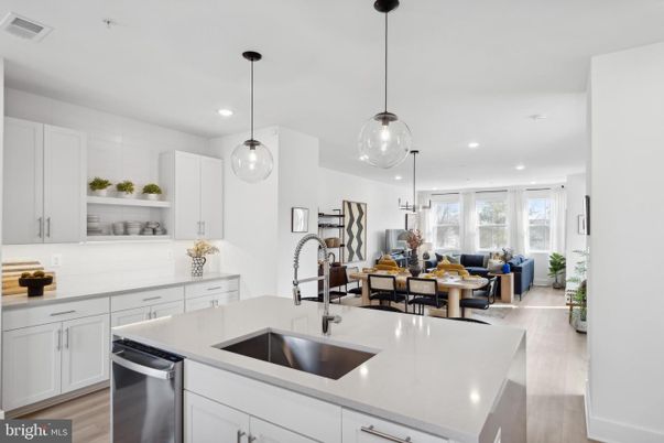 Dining room, Interior, Kitchen, Living room, Pendant Lights, Recessed Lighting, Stainless Steel Appliances, Wood Texture Flooring