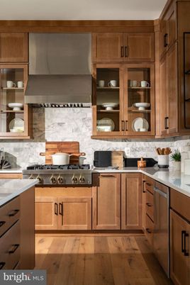 Interior, Kitchen, Marble Walls, Stainless Steel Appliances, Wood Texture Flooring