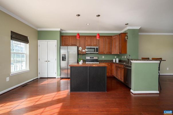 Interior, Kitchen, Pendant Lights, Recessed Lighting, Stainless Steel Appliances, Wood Texture Flooring