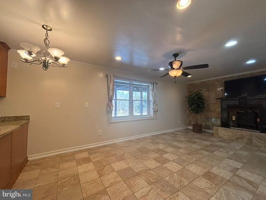 Chandelier, Empty room, Fireplace, Interior, Recessed Lighting