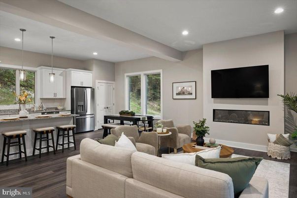 Dining room, Fireplace, Interior, Kitchen, Living room, Pendant Lights, Recessed Lighting, Stainless Steel Appliances, Wood Texture Flooring