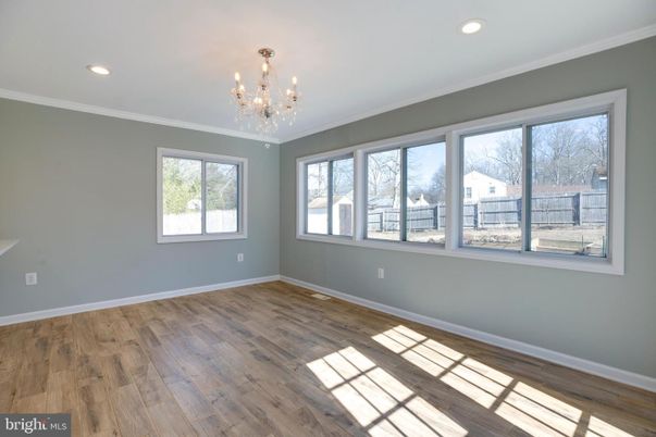 Chandelier, Empty room, Interior, Recessed Lighting, Wood Texture Flooring