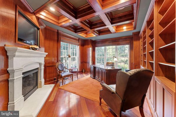 Fireplace, Home Office, Interior, Recessed Lighting, Wooden Beams, Wooden Ceilings, Wood Texture Flooring, Wooden Walls
