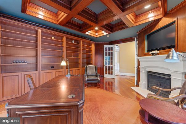 Fireplace, Home Office, Interior, Recessed Lighting, Wooden Beams, Wooden Ceilings, Wood Texture Flooring, Wooden Walls