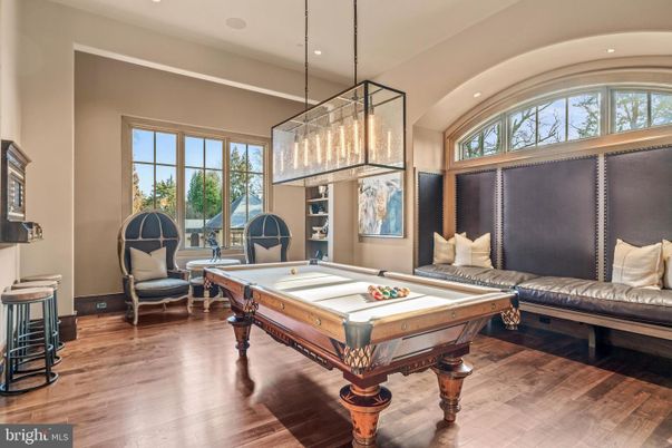 Billiard Table, Game Room, Interior, Pendant Lights, Recessed Lighting, Wood Texture Flooring