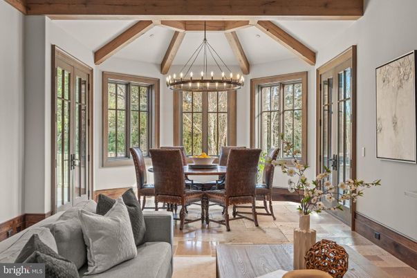 Chandelier, Dining room, Interior, Pendant Lights, Wooden Beams, Wood Texture Flooring