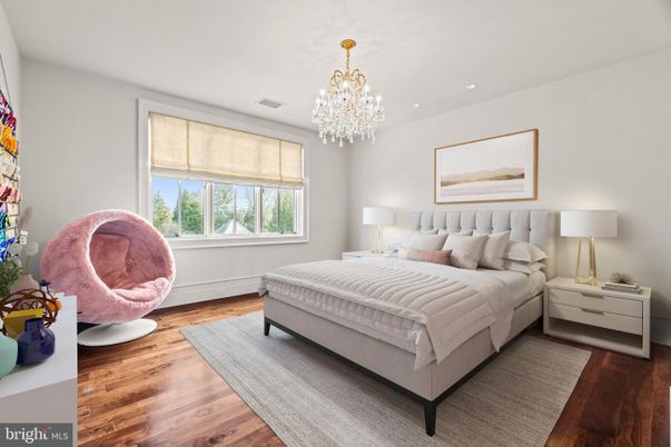 Bedroom, Chandelier, Interior, Recessed Lighting, Wood Texture Flooring