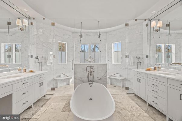 Bathroom, Dual Sink Vanities, Free Standing Baths, Glass Shower, Interior, Marble Walls, Recessed Lighting