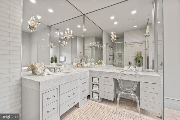 Bathroom, Chandelier, Dual Sink Vanities, Interior, Recessed Lighting