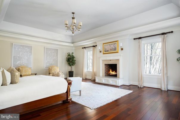 Bedroom, Chandelier, Fireplace, Interior, Wood Texture Flooring
