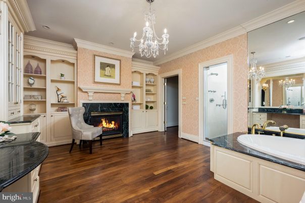 Bathroom, Chandelier, Fireplace, Interior, Recessed Lighting, Wood Texture Flooring