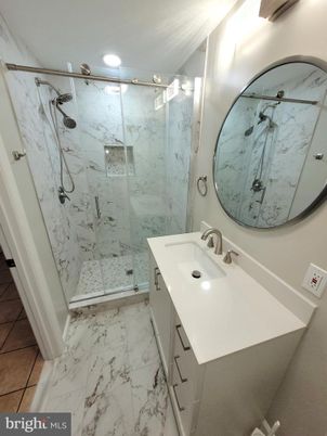 Bathroom, Glass Shower, Interior, Marble, Marble Walls, Recessed Lighting