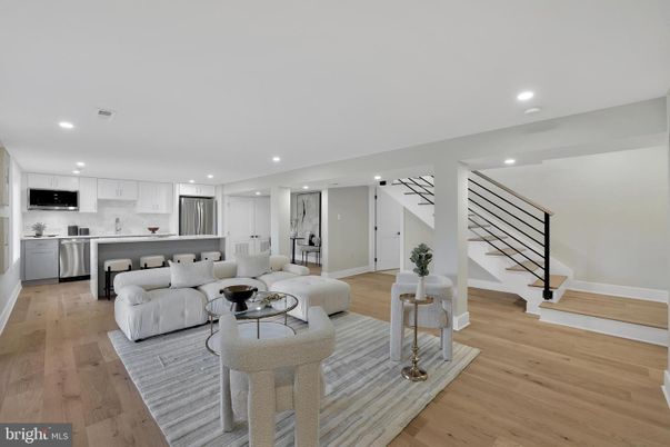 Interior, Kitchen, Living room, Recessed Lighting, Stainless Steel Appliances, Wood Texture Flooring