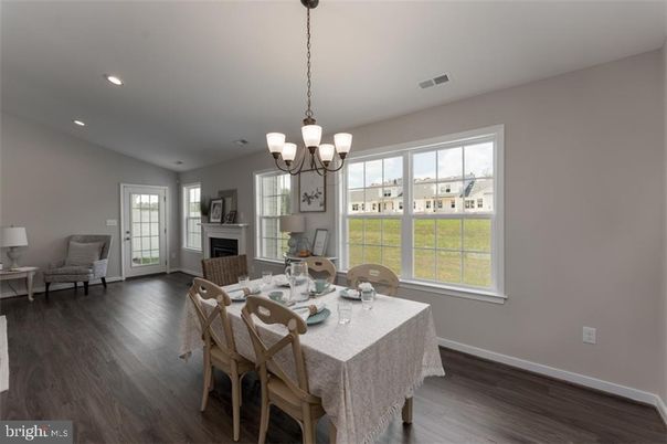Chandelier, Dining room, Fireplace, Interior, Recessed Lighting, Wood Texture Flooring