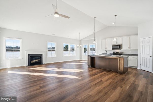 Empty room, Fireplace, Interior, Kitchen, Pendant Lights, Recessed Lighting, Stainless Steel Appliances, Wood Texture Flooring