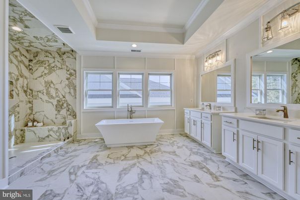Bathroom, Dual Sink Vanities, Free Standing Baths, Interior, Marble, Marble Walls, Recessed Lighting