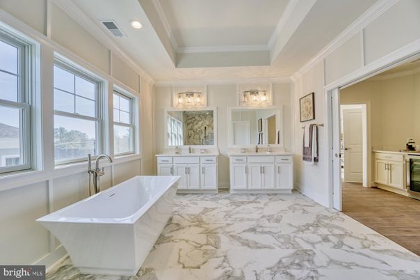 Bathroom, Dual Sink Vanities, Free Standing Baths, Interior, Marble, Recessed Lighting