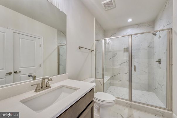 Bathroom, Glass Shower, Interior, Marble, Marble Walls, Recessed Lighting