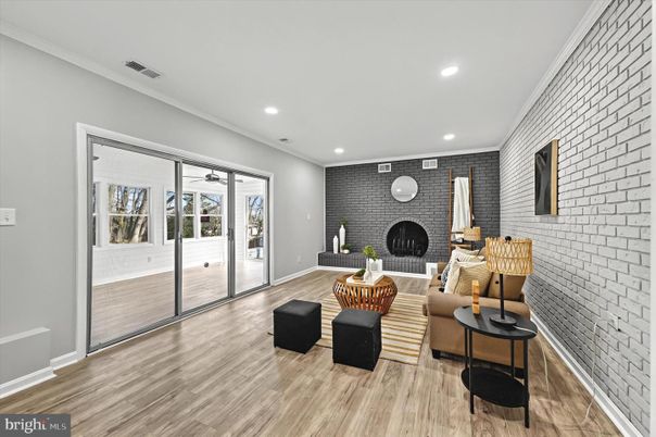 Interior, Living room, Recessed Lighting, Stone Walls, Wood Texture Flooring