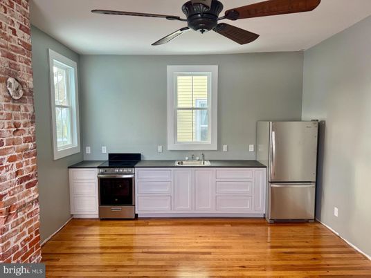 Interior, Kitchen, Stainless Steel Appliances, Stone Walls, Wood Texture Flooring
