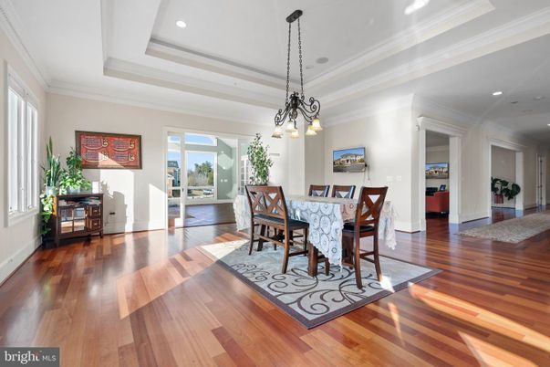 Dining room, Interior, Pendant Lights, Recessed Lighting, Wood Texture Flooring