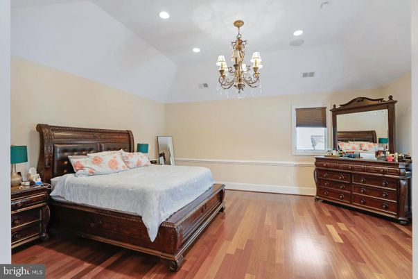 Bedroom, Chandelier, Interior, Recessed Lighting, Wood Texture Flooring