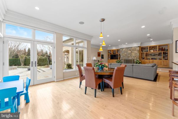 Dining room, Fireplace, Interior, Living room, Pendant Lights, Recessed Lighting, Stone Walls, Wood Texture Flooring