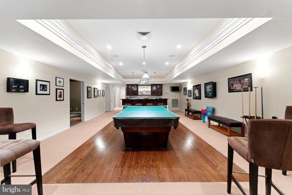 Billiard Table, Game Room, Interior, Pendant Lights, Recessed Lighting, Wood Texture Flooring
