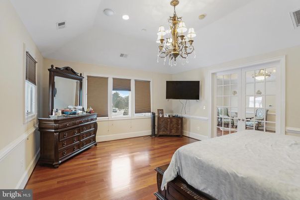 Bedroom, Chandelier, Interior, Recessed Lighting, Wood Texture Flooring