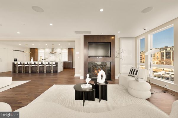 Fireplace, Interior, Kitchen, Living room, Marble Walls, Pendant Lights, Recessed Lighting, Wood Texture Flooring