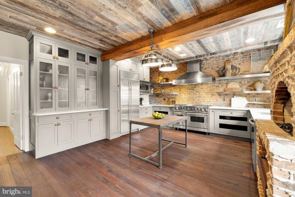 Interior, Kitchen, Pendant Lights, Stainless Steel Appliances, Stone Walls, Wooden Beams, Wooden Ceilings, Wood Texture Flooring