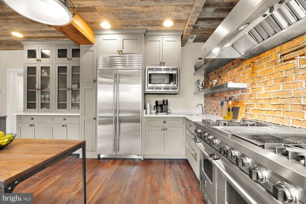 Interior, Kitchen, Recessed Lighting, Stainless Steel Appliances, Stone Walls, Wooden Ceilings, Wood Texture Flooring