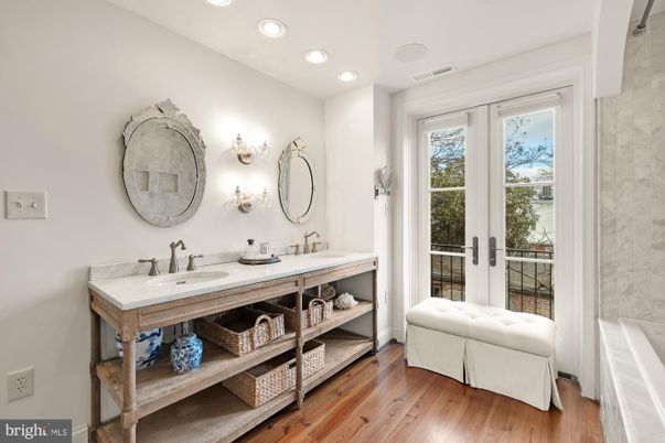 Bathroom, Dual Sink Vanities, Interior, Recessed Lighting, Wood Texture Flooring