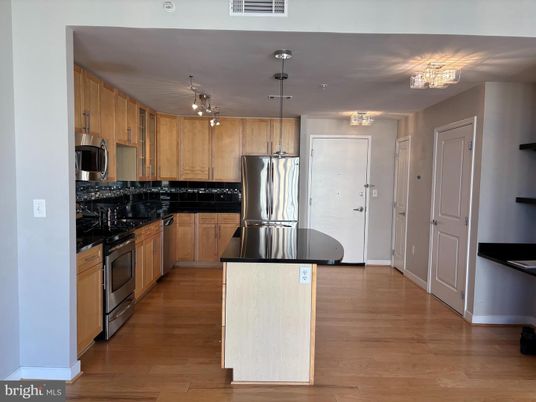 Chandelier, Interior, Kitchen, Stainless Steel Appliances, Wood Texture Flooring