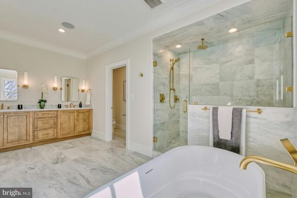 Bathroom, Dual Sink Vanities, Free Standing Baths, Glass Shower, Interior, Marble Walls, Recessed Lighting