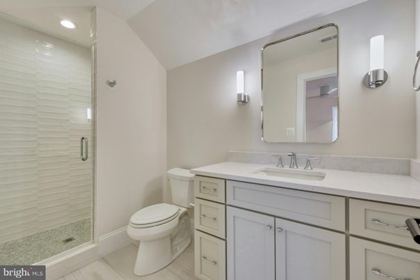 Bathroom, Glass Shower, Interior, Recessed Lighting, Wood Texture Flooring
