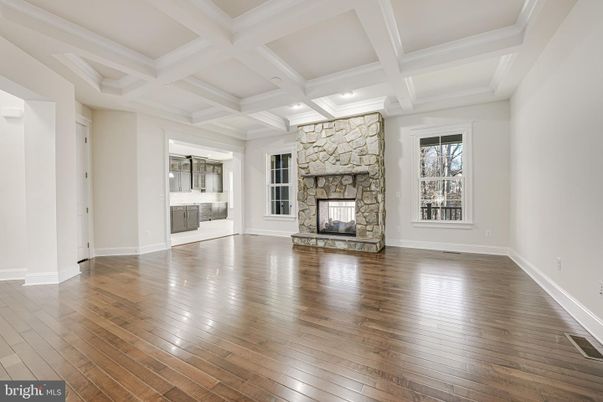 Empty room, Fireplace, Interior, Recessed Lighting, Wood Texture Flooring